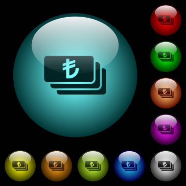 Renkli ışıklı küresel cam düğmeler siyah arka plan üzerine Türk Lirası banknotların simgeler. Siyah veya koyu şablonları için kullanılabilir