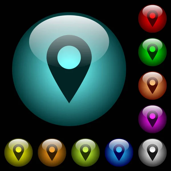 Puste Gps Mapa Lokalizacji Ikon Kolorowe Przyciski Podświetlane Szklane Czarnym — Wektor stockowy