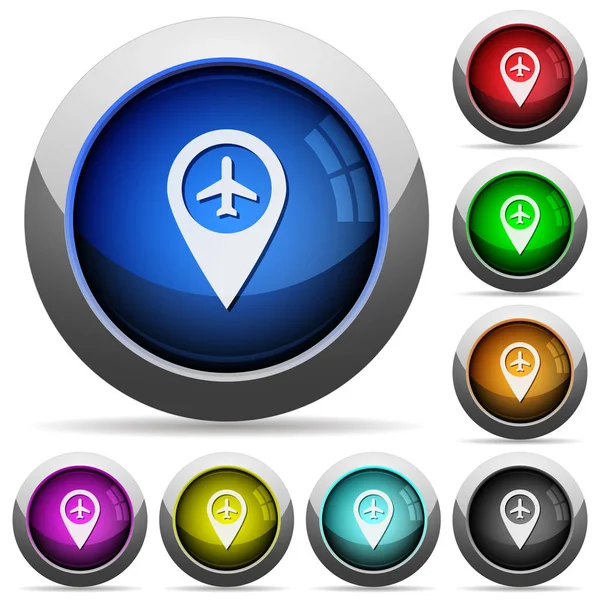 空港の Gps マップの鉄骨と丸い光沢のあるボタンの位置アイコン — ストックベクタ