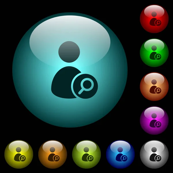 在黑色背景下 在彩色照明球形玻璃按钮上搜索用户图标 可用于黑色或深色模板 — 图库矢量图片