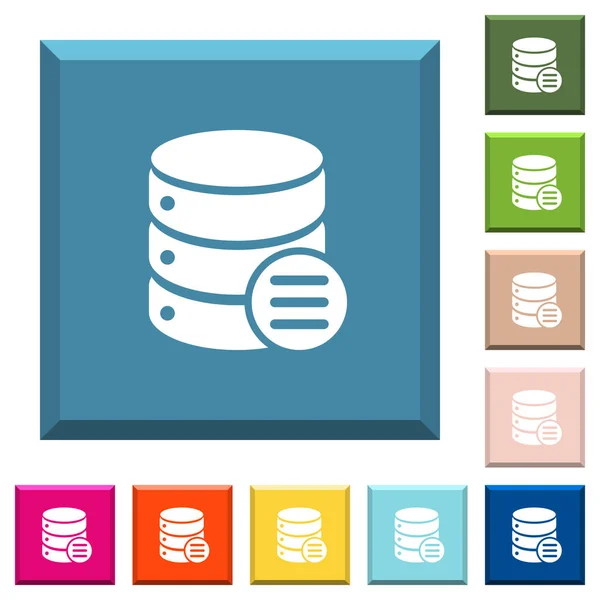 Opções Banco Dados Ícones Brancos Botões Quadrados Afiados Várias Cores — Vetor de Stock