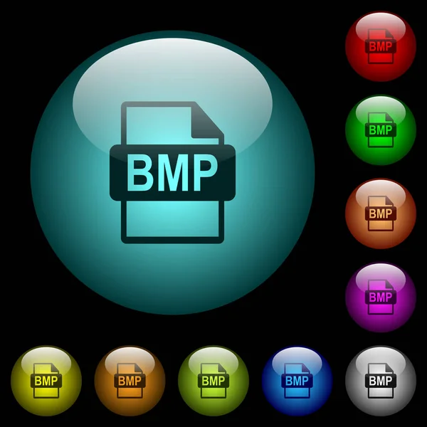 Bmp ファイル形式アイコン黒背景色照らされた球形ガラス ボタンで 黒または暗い色のテンプレートを使用することができます — ストックベクタ