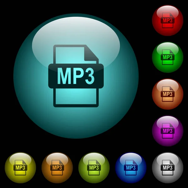 Symbole Mp3 Dateiformat Farbig Beleuchteten Sphärischen Glasknöpfen Auf Schwarzem Hintergrund — Stockvektor