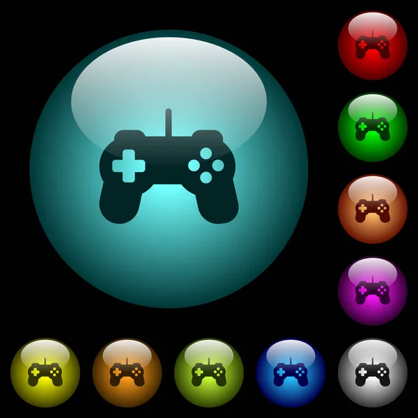 Game Controller Icons Color Illuminated Spherical Glass Buttons Black Background — Stock Vector
