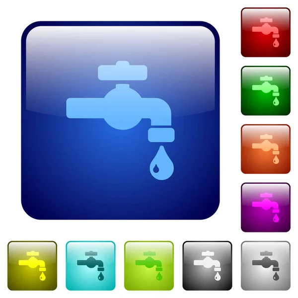 Water Faucet Water Drop Icons Rounded Square Color Glossy Button — Stock Vector