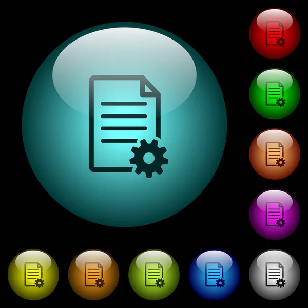 在黑色背景的彩色照明球形玻璃按钮的文档设置图标 可用于黑色或深色模板 — 图库矢量图片