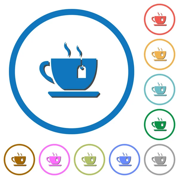 Cup Tea Teabag Flat Color Vector Icons Shadows Outlines White — Stock Vector