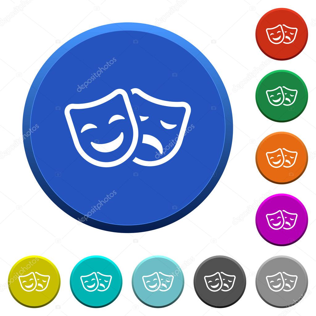 Comedy and tragedy theatrical masks round color beveled buttons with smooth surfaces and flat white icons