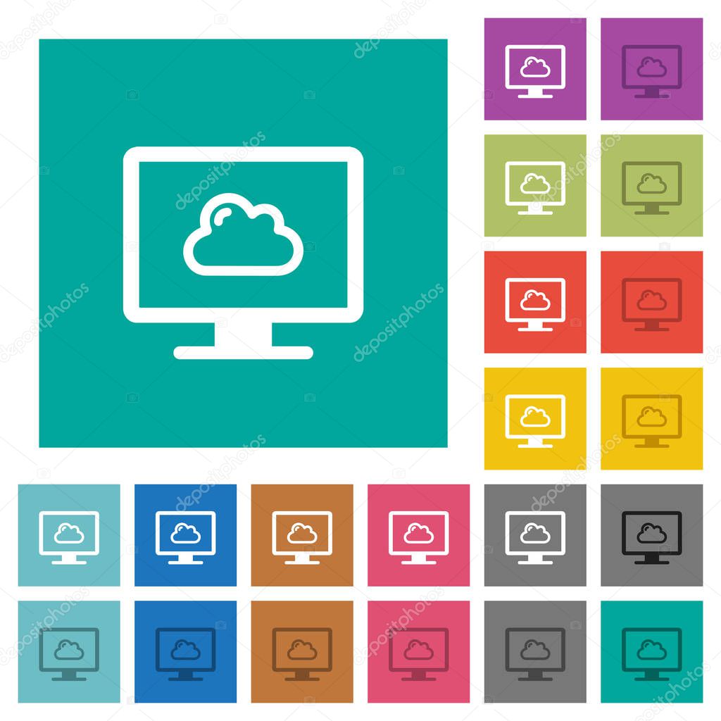Cloud computing multi colored flat icons on plain square backgrounds. Included white and darker icon variations for hover or active effects.
