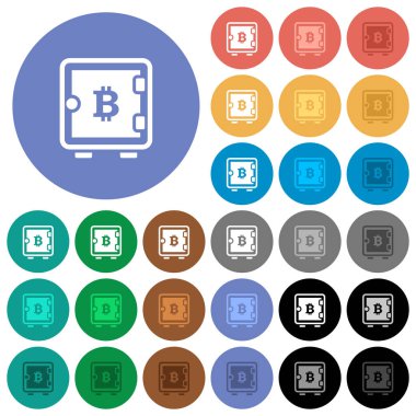 Bitcoin güçlü bir kutu çok yuvarlak arka planlar üzerinde düz simgeler renkte. Beyaz, açık ve koyu kutsal kişilerin resmi varyasyon vurgulu ve etkin durumu efektleri ve bonus tonları siyah backgounds tarih dahil.
