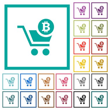 Satın alma Bitcoin sepeti düz renk simgeleri beyaz arka plan üzerinde çeyreği çerçevelerle ile