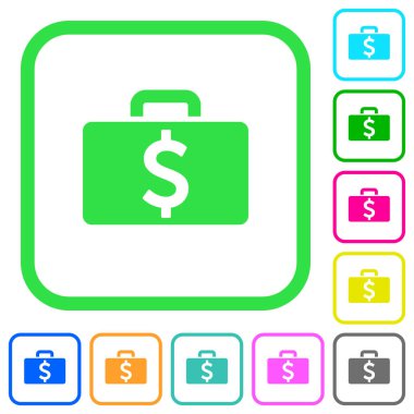 Beyaz arka plan üzerinde eğri sınırları içinde düz simgeler doları çanta canlı renkte