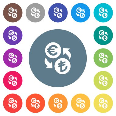 Avrupa Lirası para değişimi yuvarlak renkli arka planlar üzerinde düz beyaz simgeler. 17 arka plan renk değişimleri dahil.