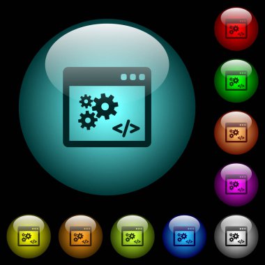 Application programming interface icons in color illuminated spherical glass buttons on black background. Can be used to black or dark templates clipart