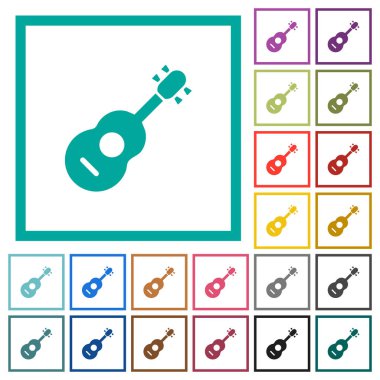 Dörtgen Bölümlü kare beyaz arka plan üzerinde ile akustik gitar düz renk simgeleri