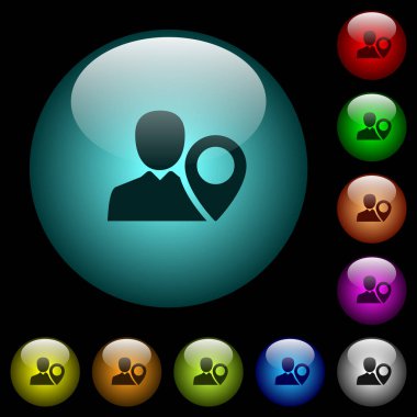 Renkli ışıklı küresel cam düğmeler siyah arka plan üzerine Kullanıcı konumu simgeler. Siyah veya koyu şablonları için kullanılabilir