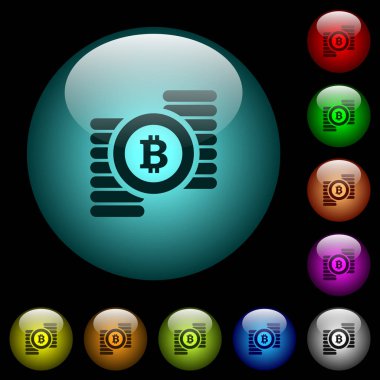 Renkli ışıklı küresel cam düğmeler siyah arka plan üzerine Bitcoins simgeler. Siyah veya koyu şablonları için kullanılabilir