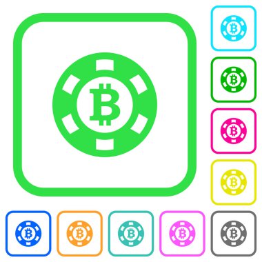 Beyaz arka plan üzerinde eğri sınırları içinde düz simgeler Bitcoin casino çip canlı renkte