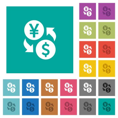 Yen dolar para Satım çok düz simgeler düz kare arka plan üzerinde renkli. Beyaz ve koyu kutsal kişilerin resmi varyasyon hover veya etkin efektleri dahil.