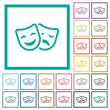 Trajedi ve komedi tiyatro maskeleri düz renk simgeleri beyaz arka plan üzerinde çeyreği çerçevelerle