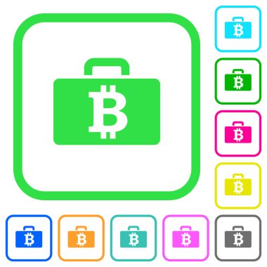 Bitcoin çanta beyaz arka plan üzerinde eğri sınırları içinde canlı renkli düz simgeler