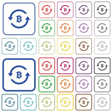 Bitcoin ödeme, yuvarlatılmış kare kare renkli düz simgeleri geri. İnce ve kalın sürümleri dahil.