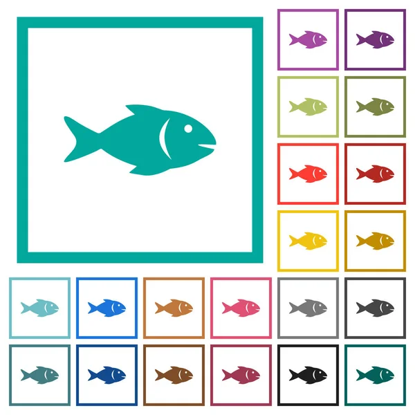 Iconos Peces Color Plano Con Marcos Cuadrante Sobre Fondo Blanco — Archivo Imágenes Vectoriales