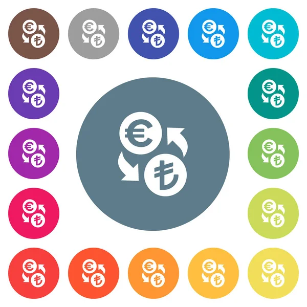 Euro Lira Cambio Moneda Iconos Blancos Planos Sobre Fondos Color — Vector de stock