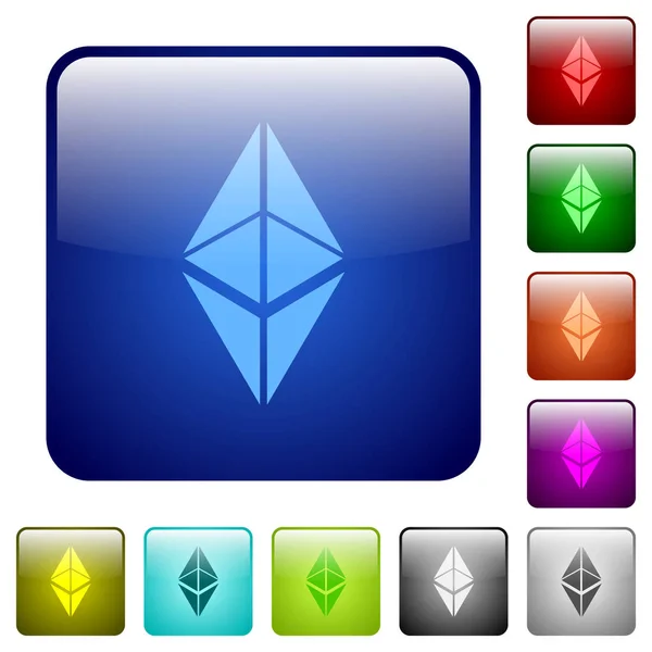 Iconos Criptomoneda Digital Clásicos Ethereum Conjunto Botones Brillantes Color Cuadrado — Vector de stock