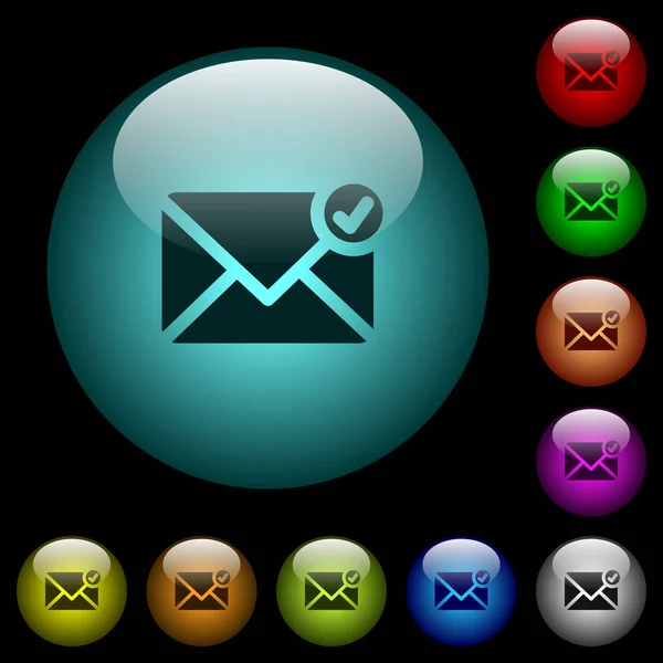 Mail Verschickte Symbole Farbig Beleuchteten Kugelförmigen Glasknöpfen Auf Schwarzem Hintergrund — Stockvektor