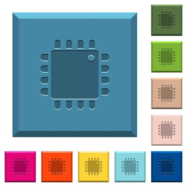 Computerprocessor Gegraveerd Pictogrammen Geslepen Vierkante Knoppen Verschillende Trendy Kleuren — Stockvector