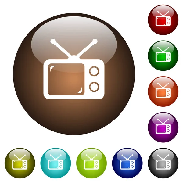 复古复古电视白色图标在圆形彩色玻璃按钮 — 图库矢量图片
