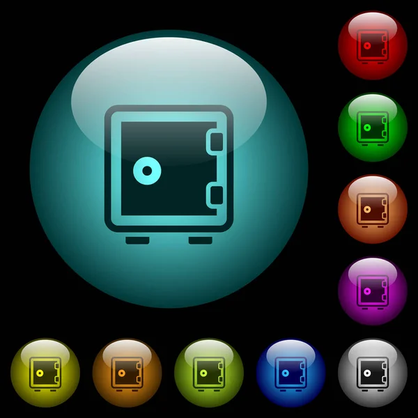 在黑色背景下 彩色亮球形玻璃按钮的单个强框图标 可用于黑色或深色模板 — 图库矢量图片