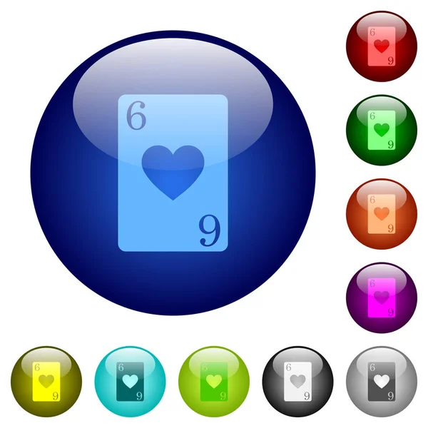 Sex Hjärtan Kort Ikoner Runda Glas Färgknappar — Stock vektor