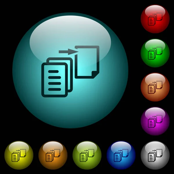 Переместите Иконки Файлов Цветном Свете Сферические Стеклянные Кнопки Черном Фоне — стоковый вектор