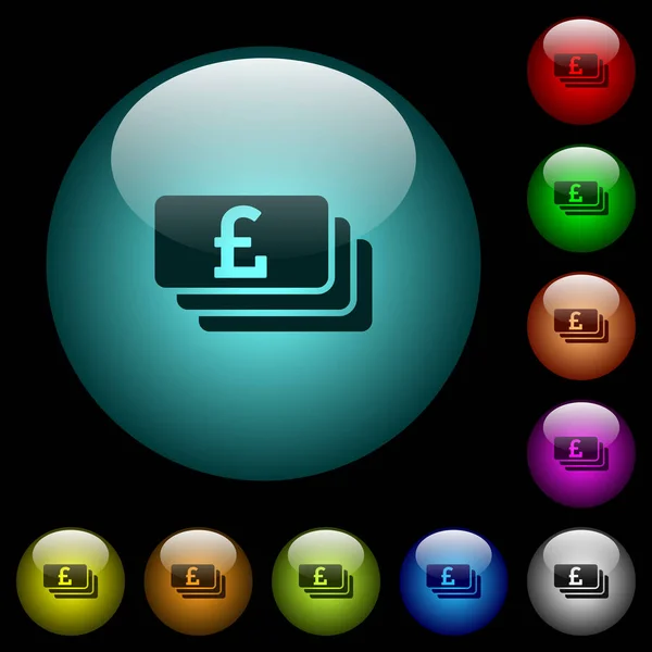 英镑钞票图标在彩色照明球形玻璃按钮黑色背景 可用于黑色或深色模板 — 图库矢量图片