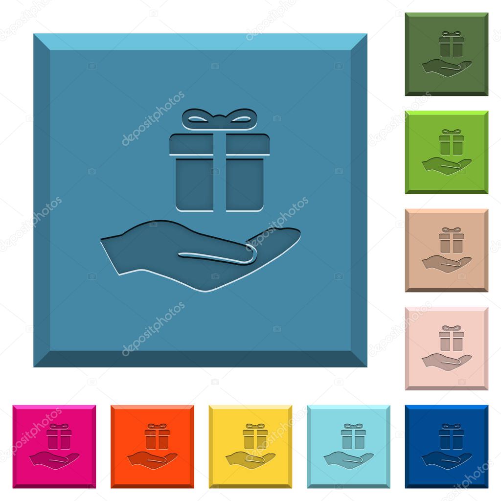 Gifting engraved icons on edged square buttons in various trendy colors