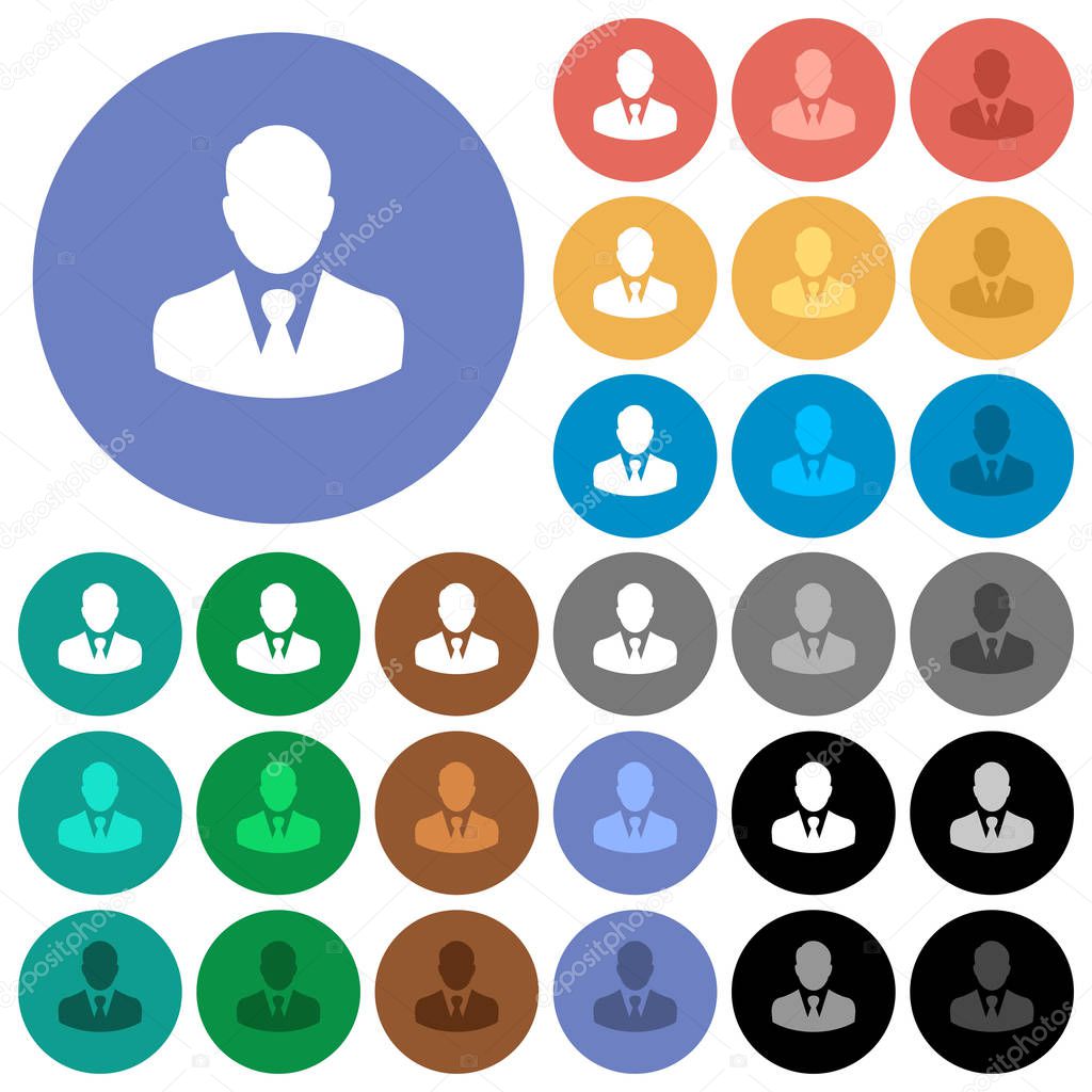 Businessman avatar multi colored flat icons on round backgrounds. Included white, light and dark icon variations for hover and active status effects, and bonus shades on black backgounds.