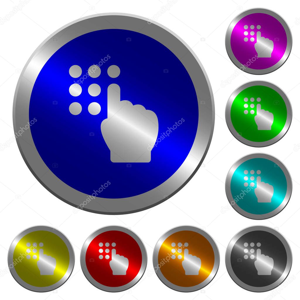Typing security code icons on round luminous coin-like color steel buttons