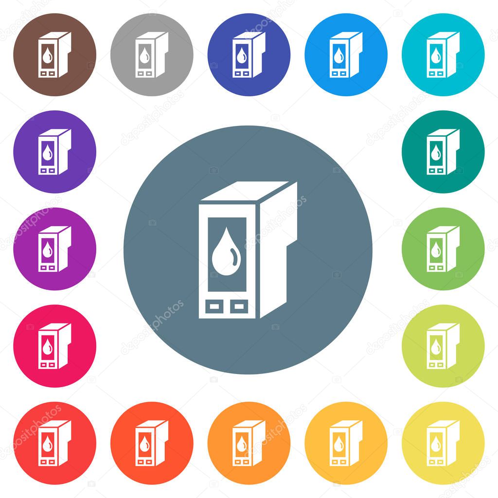 Ink cartridge flat white icons on round color backgrounds. 17 background color variations are included.