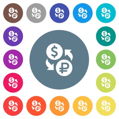 Doları Rublesi para değişimi yuvarlak renkli arka planlar üzerinde düz beyaz simgeler. 17 arka plan renk değişimleri dahil.
