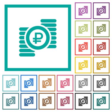 Düz renk simgeleri beyaz arka plan üzerinde çeyreği çerçevelerle Rublesi paralar