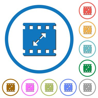 Filmi yeniden boyutlandırma büyük düz renkli vektör simgeler beyaz arka plan üzerinde yuvarlak özetliyor gölgelerde ile