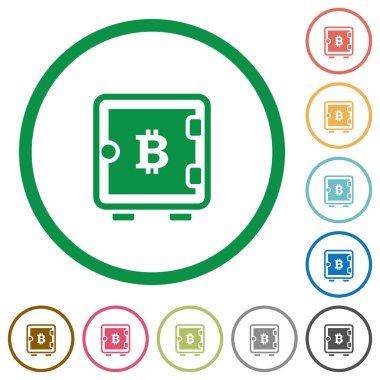 Bitcoin güçlü bir kutu düz renk simgeleri özetliyor beyaz arka plan üzerinde yuvarlak