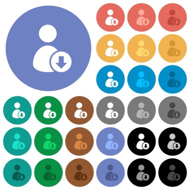 Yuvarlak arka planlar üzerinde düz simgeler renkte Kullanıcı multi aşağı iner. Beyaz, açık ve koyu kutsal kişilerin resmi varyasyon vurgulu ve etkin durumu efektleri ve bonus tonları siyah backgounds tarih dahil.