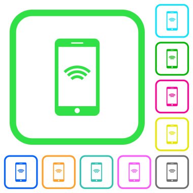 Simgelerle kablosuz ağ sembolü canlı renkli düz beyaz arka plan üzerinde eğri sınırları içinde cep telefonu