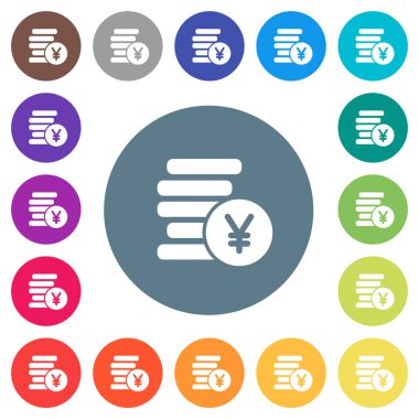 Yen yuvarlak renkli arka planlar üzerinde düz beyaz simgeler paraları. 17 arka plan renk değişimleri dahil.