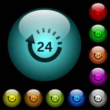 24 hour delivery icons in color illuminated spherical glass buttons on black background. Can be used to black or dark templates clipart