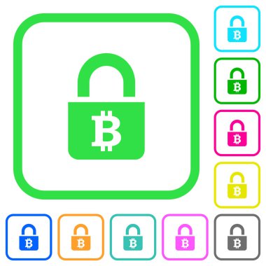 Beyaz arka plan üzerinde eğri sınırları Bitcoins canlı renkli düz simgeler kilitli