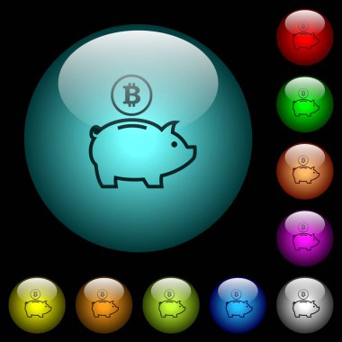 Renkli ışıklı küresel cam düğmeler siyah arka plan üzerine Bitcoin kumbara simgeler. Siyah veya koyu şablonları için kullanılabilir
